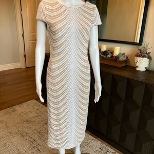 Dress the Population Beige and White Midi Dress